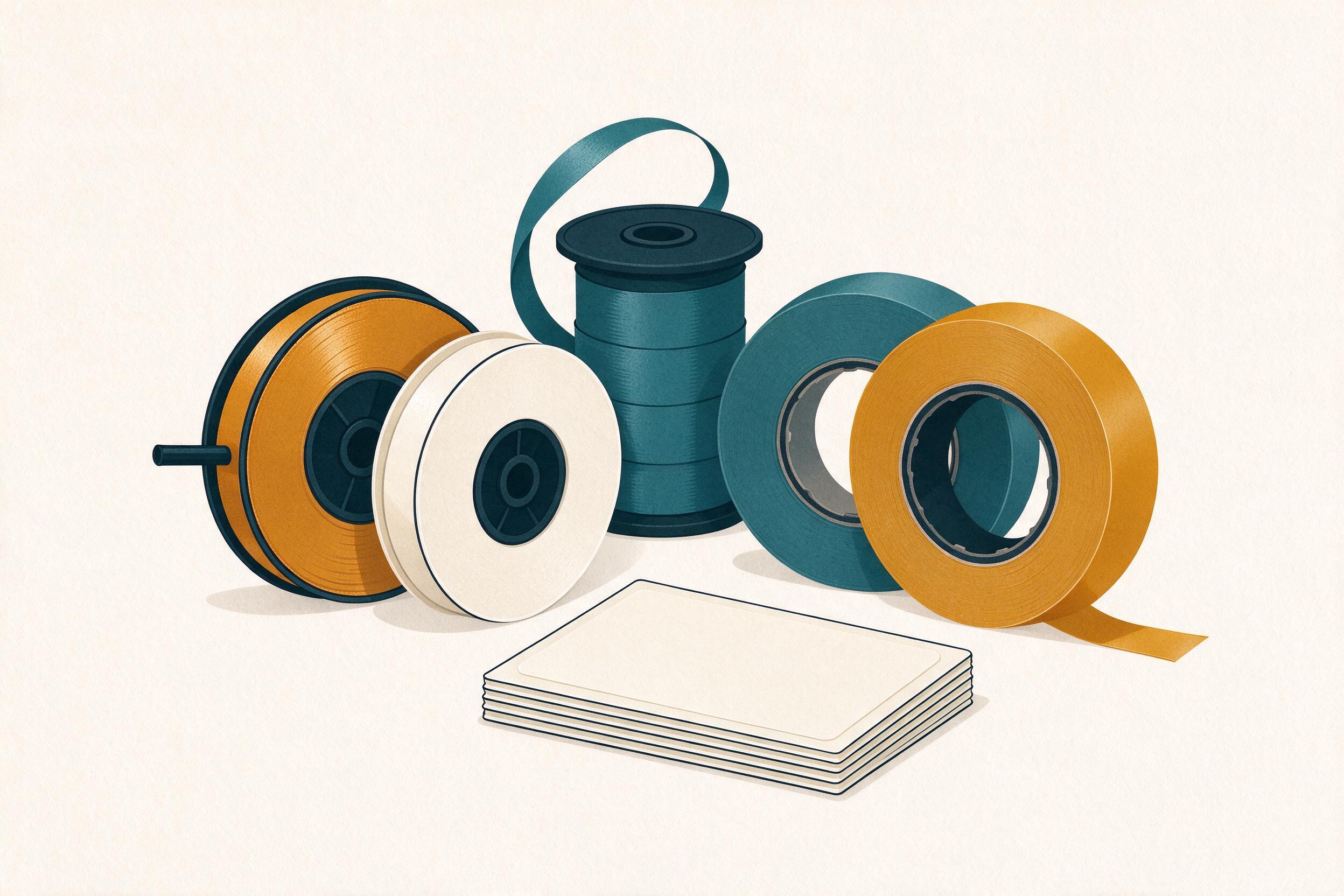Illustrative flat illustration of ribbon spools, tape rolls and blank labels (illustrative, not a photograph)