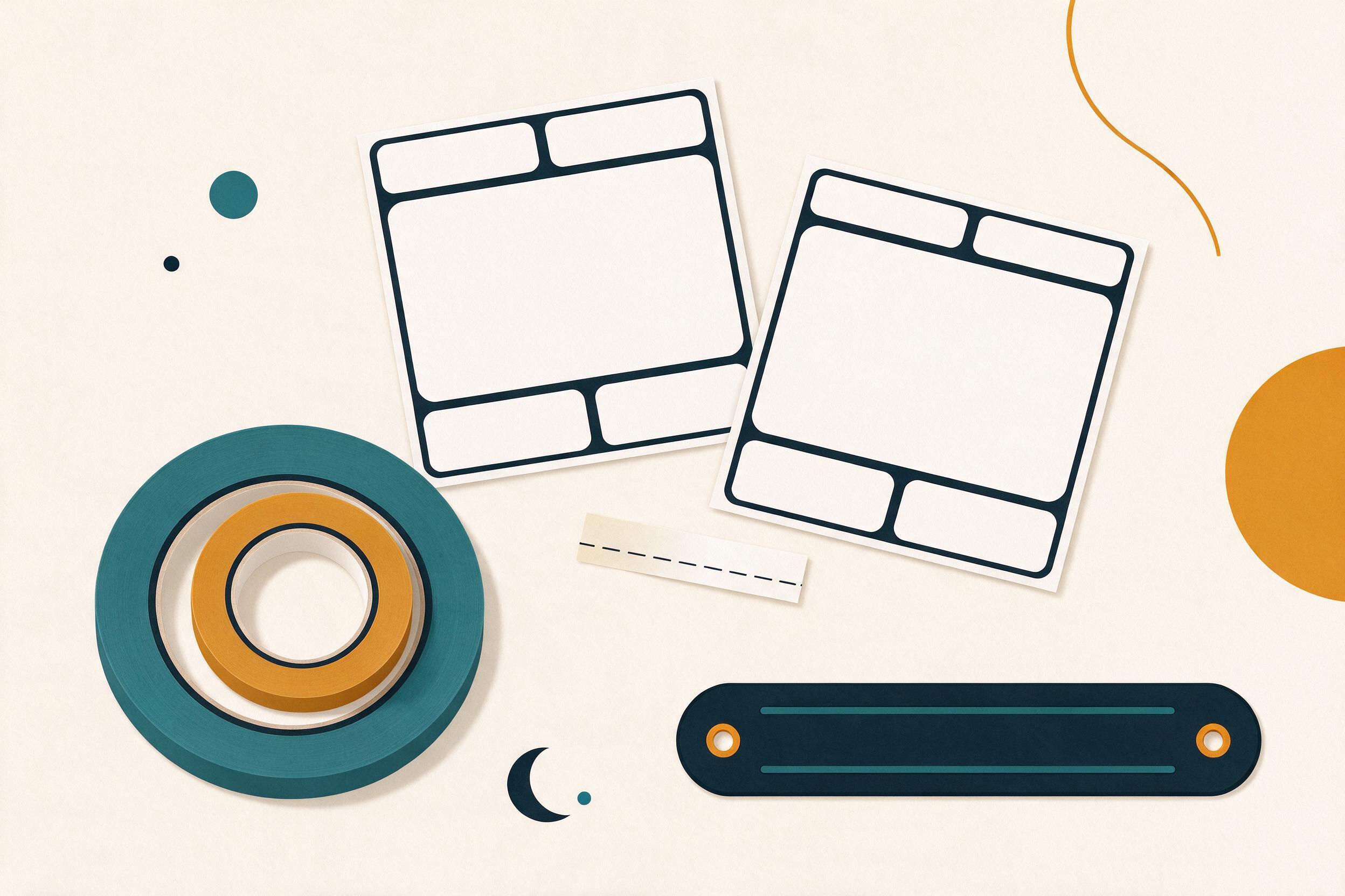 Illustrative flat illustration of blank label sheets and rolls (illustrative, not a photograph of a factory)