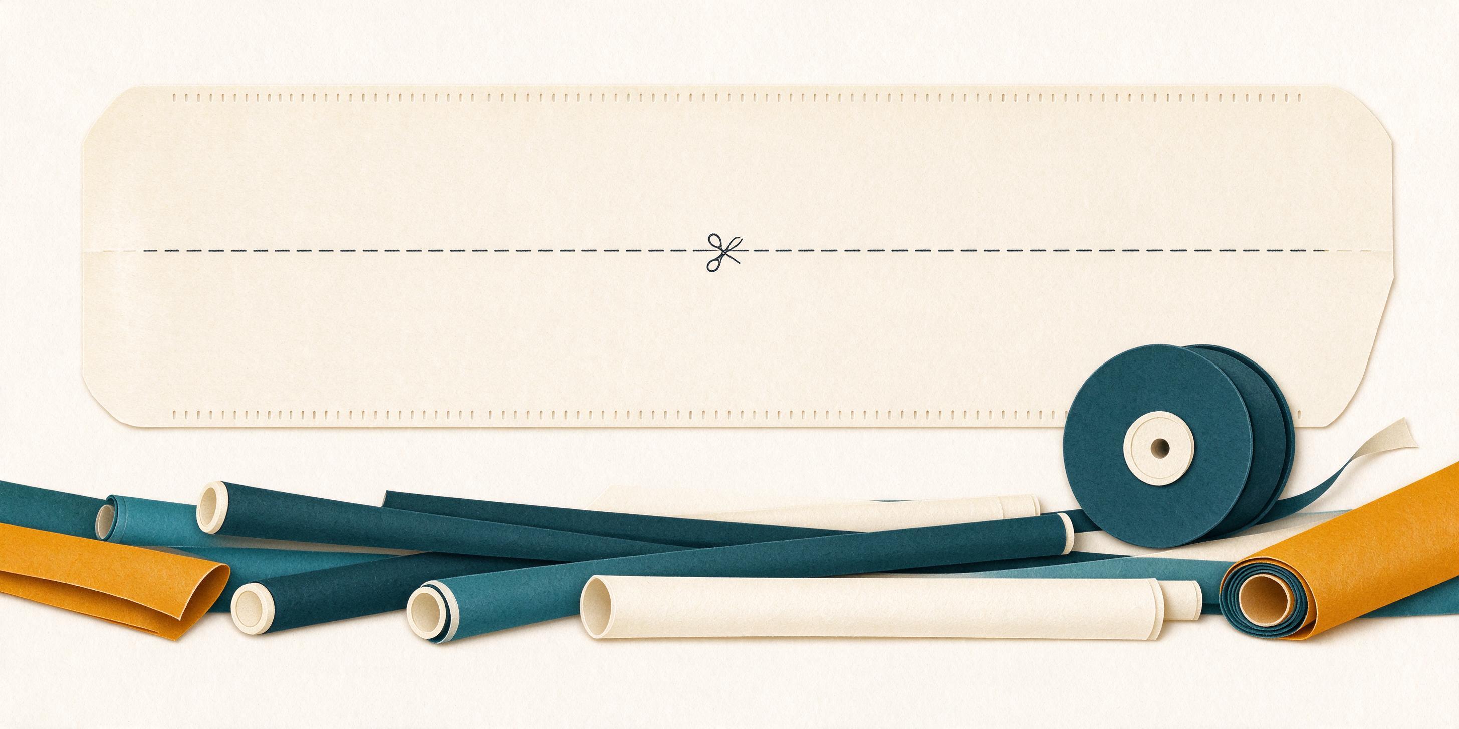 Illustrative flat illustration of a blank label tape strip, blank tubes and a ribbon spool (illustrative, not a photograph)