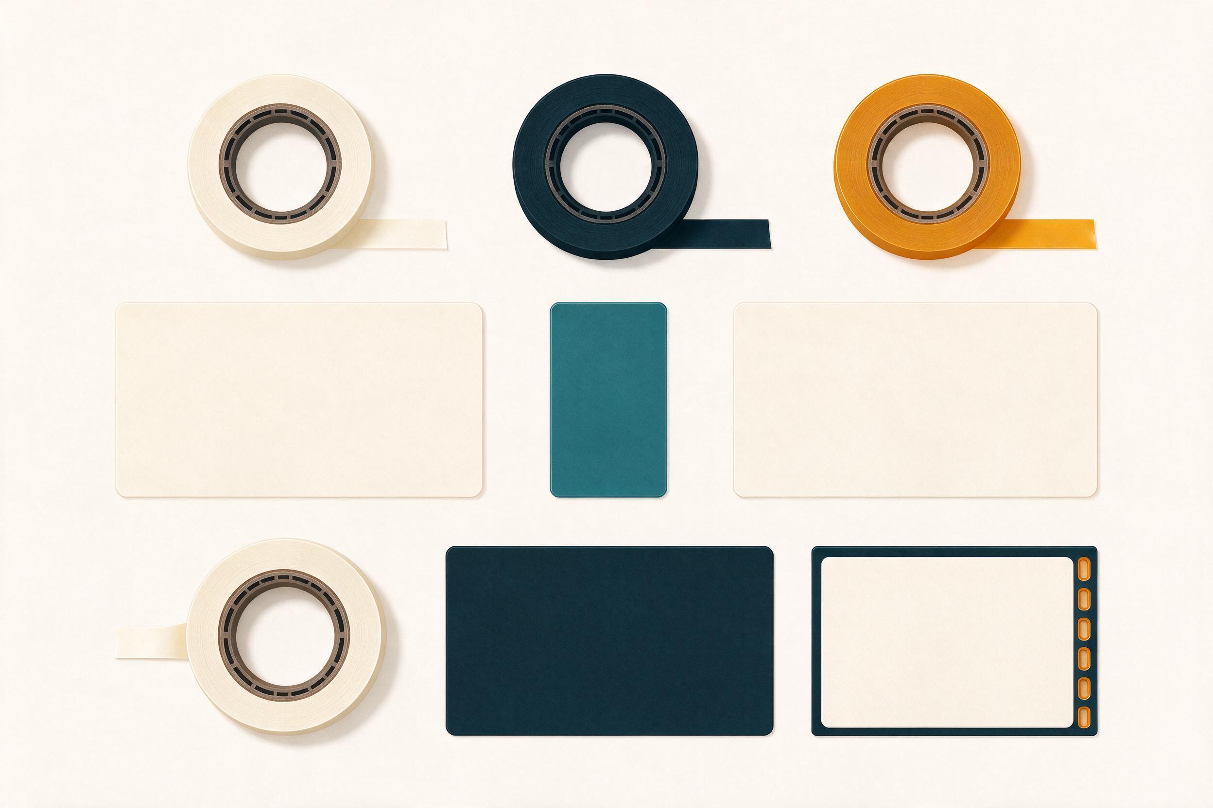 Illustrative flat illustration of blank label tapes and labels (illustrative, not a photograph)